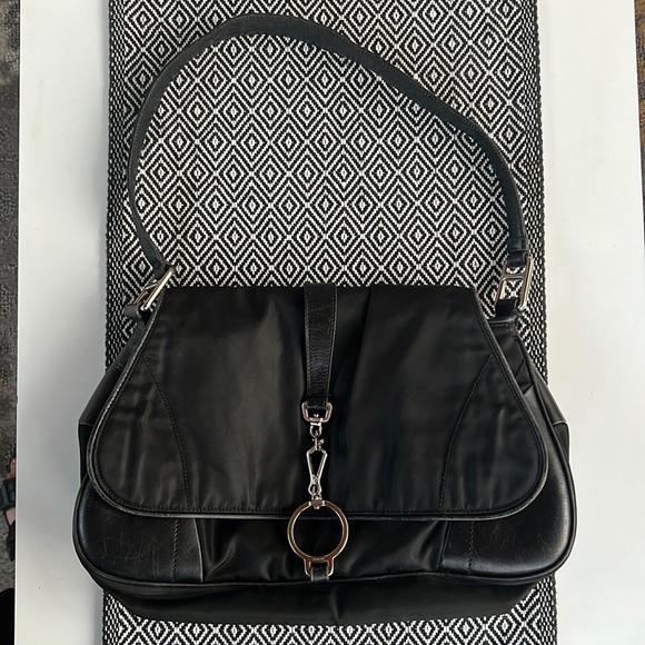 Rare Vintage PRADA Nylon Tessuto Leather Shoulder Hand Bag Purse Black GUC - Picture 3 of 15
